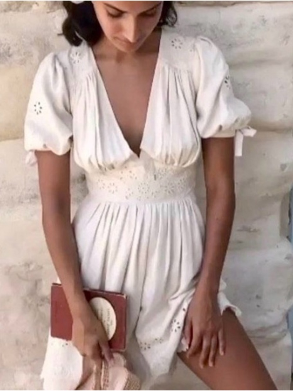 Spell Cream Eyelet V-Neck Midi Dress with Puff Sleeves *AS IS